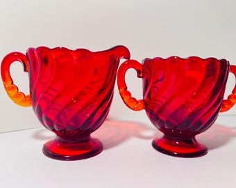 Vintage Fostoria Ruby Red Cream and Sugar Set Colony pattern