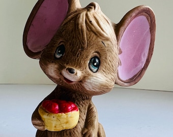 Vintage Bisque Porcelain Mouse Figurine with basket of apples