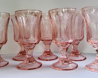 Vintage pink Indiana Glass water goblets in the Madrid or Recollection pattern