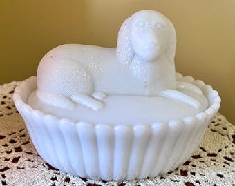 vintage Westmoreland white milk glass dog on a basket covered candy dish