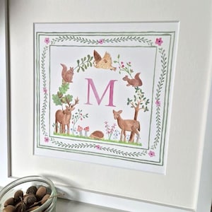 Woodland Animal Personalised Print - Nursery Wall Art | Custom Baby Gift for Girls or Boys | Watercolour Forest Animals | A-Z Name Art