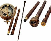 Handmade Push Button working Brass Compass Sundial On Top Walking cane-Twisted Wooden Walking Spiral Stick Gift