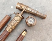 ENGRAVED 1920 DOLLOND LONDON Victorian Telescope Compass On Top Spyglass Handle Walking Stick Steampunk Walking Cane Gift