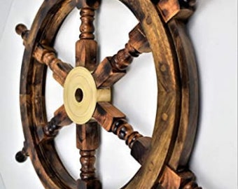 36" Big Ship Steering Wheel Red Wooden Antique Teak Brass Nautical Pirate Ship's