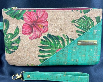 Tropical Flower Cork Wristlet with Detachable Wrist Strap