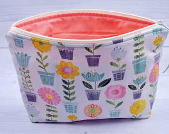 Flower Garden Cosmetic Bag, Large Make Up Pouch 12" x 9" x 3 1/2" with Inside Pockets, Travel, Storage