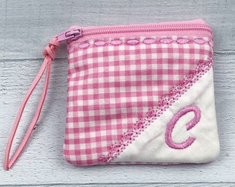 Personalized Zipper Coin Purse Women Pink Gingham 4" x 4",  Personalized Zipper Rosary Pouch Women