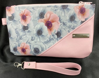 Pink and Gray Peony Wristlet with Detachable Wrist Strap in Vinyl