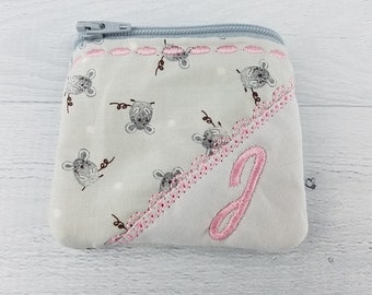 Personalized Zipper Coin Purse, Light Gray Mice 4" x 4"