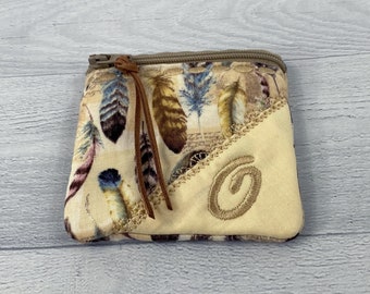 Personalized Zipper Coin Purse Women Brown Feathers 4" x 4",  Personalized Zipper Rosary Pouch Women