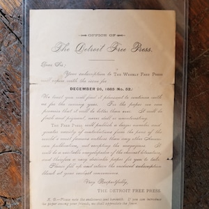 Antique 1885 Advertisement &quot;The Detroit Free Press&quot;, December 26; Subscription; Newspapers; Vintage Papers; Collectible Ephemera