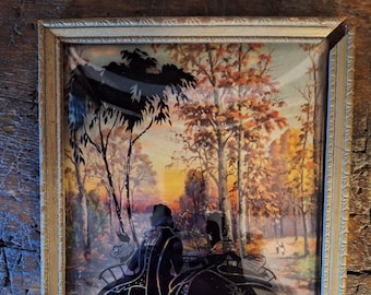 Vintage 1900s Reverse Painted Silhouette Bild zum Aufhängen; Viktorianisches Brautpaar; Konvexes Glas; Wanddeko