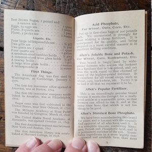 May include: A page from a vintage book with black text on white paper. The text discusses various measurements for liquids, sugar, eggs, and flour. It also includes a list of "First Things" with historical facts about the United States, such as the first fire insurance office and the first life insurance company.