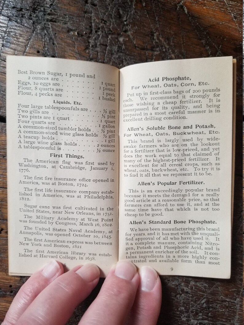 May include: A page from a vintage book with black text on white paper. The text discusses various measurements for liquids, sugar, eggs, and flour. It also includes a list of "First Things" with historical facts about the United States, such as the first fire insurance office and the first life insurance company.