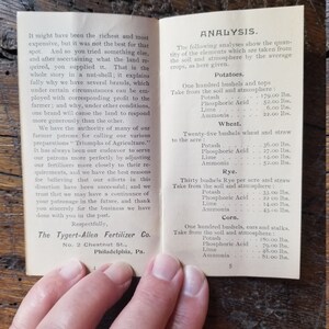 May include: A vintage, black and white, printed page from a book or pamphlet. The page contains a text about soil analysis and the amount of nutrients needed for different crops, including potatoes, wheat, rye, and corn. The text includes the amount of potash, phosphoric acid, lime, and ammonia needed for each crop.