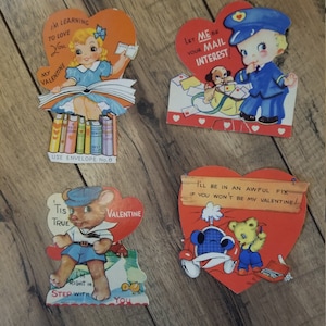 Vintage Valentine Cards; Set of 4; Mailman, Girl with Books, Bear Fixin&#39; Car, Bear in Clothes Walking; Decor; Collectibles; Ephemera