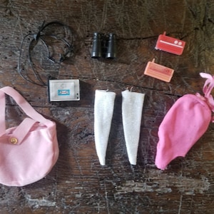 Vintage Barbie Accessories Mixed Lot - Binoculars, Walkman, 2 Radios, Silver Stockings; Pink Tote Bag; Pink Leotard/Swimsuit; Fashion Dolls