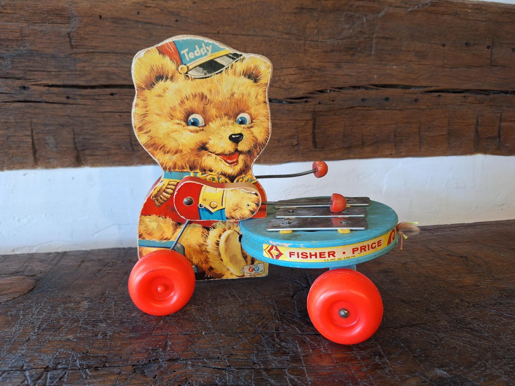 Vintage Fisher Price #741 Teddy Zilo Children's Musical Pull Toy