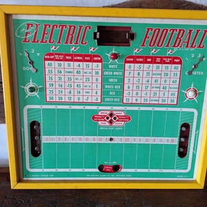 May include: Vintage "Electric Football" game with a green playing field, red and white number charts, and a yellow frame. The game board features the text "Electric Football" in red and white.