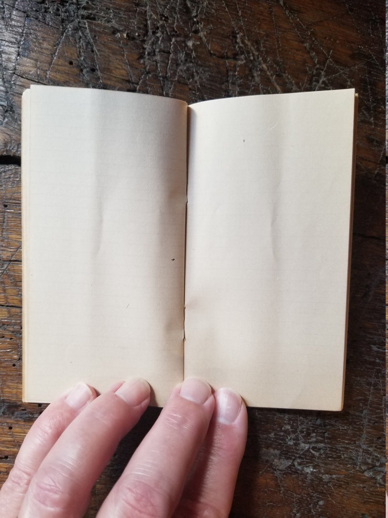 May include: A blank, cream-colored, small notebook with a sewn binding. The notebook is open and the pages are blank.