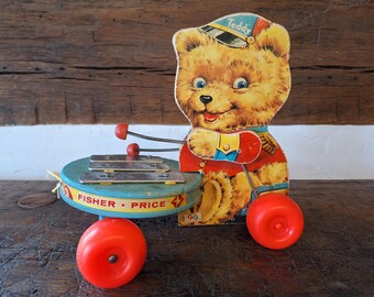 Vintage Fisher Price #741 Teddy Zilo Children's Musical Pull Toy