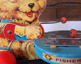 Vintage Fisher Price #741 Teddy Zilo Children's Musical Pull Toy