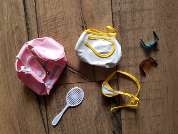 Vintage Barbie Tennis Bags, Tennis Racquet, Tie-on Visor, and