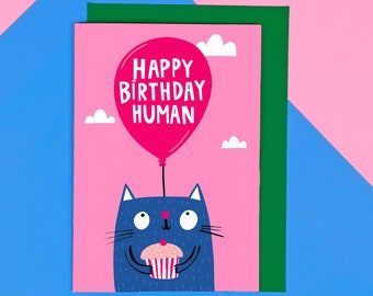 Happy Birthday Human Card - Funny - Cute - Cat - Party - Pets - Illustrated - Kitten - Animals - Pets Invited