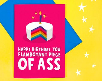 Carte d'anniversaire flamboyante - gâteau arc-en-ciel - drôle - grossier