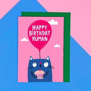 Happy Birthday Human Card - Funny - Cute - Cat - Party - Pets - Illustrated - Kitten - Animals - Pets Invited