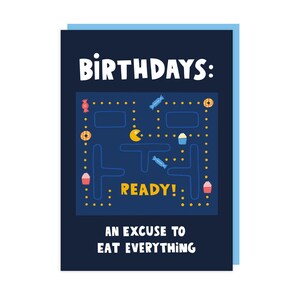 Carte d'anniversaire drôle de jeu d'arcade Pacman des années 80 - rigolote - nourriture - gâteau - anneaux de fête - bonbons - jeux image 2