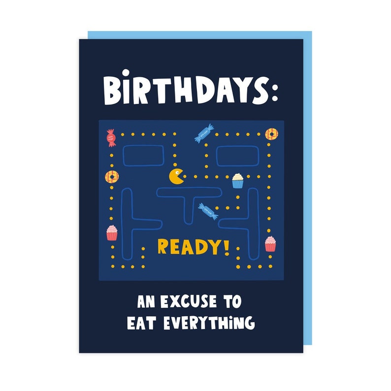 Carte d'anniversaire drôle de jeu d'arcade Pacman des années 80 - rigolote - nourriture - gâteau - anneaux de fête - bonbons - jeux image 2