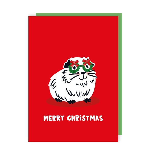 Guinea Pig Glasses Christmas Card - Funny - Festive - Pets - Humour - Cute - Costume - Wreath - Merry