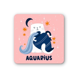 Aquarius Zodiac Coaster - Gift - Cute - Astrology - Cat - Stars