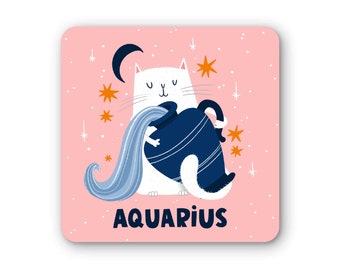 Aquarius Zodiac Coaster - Cadeau - Mignon - Astrologie - Chat - Étoiles