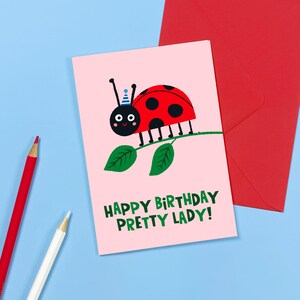 Carte Happy Birthday Pretty Lady - Coccinelle - Coccinelle - Mignonne - Animal - Célébrer - Chapeau de fête - Illustration