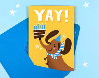 Dog Cake Birthday Card - Funny - Humour - Cute - Dacshund - Party - Sausage Dog -