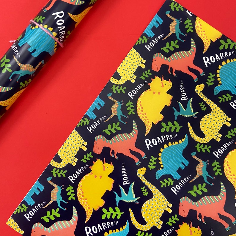 Dinosaurs Gift Wrap Wrapping Paper Present Birthday Cute Illustrated Child Kid Funny roar image 1