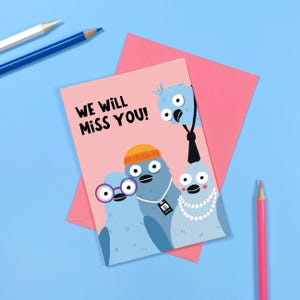 Vous nous manquerez carte de départ - Pigeon - bonne chance - félicitations - bureau - travail - collègues - vous partez - au revoir - illustré