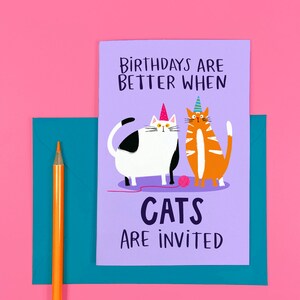Cats Invited Birthday Card - Funny - Cute - Balloon - Pets - Kittens - Illustrated - Birthday Invitation