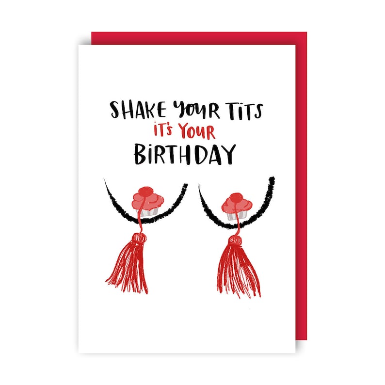 Shake Your Tits It's Your Birthday Card Funny Boobs Tits Nipple Tassels Illustrated Bra Girl Power Party Celebration image 2