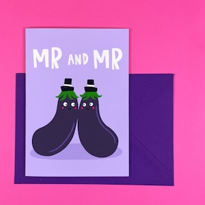 Carte de mariage gay de M. et M. - inspirante - drôle - humour - fiançailles - mignonne - aubergine - LGBTQ