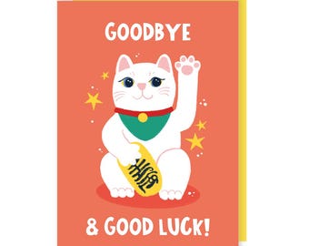 Carte de départ du chat porte-bonheur - porte-bonheur - au revoir - félicitations - illustré - drôle - nouveau travail - mignon