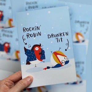 Carte de Noël Rockin' Robin - Amusante - Mignonne - Oiseaux - Alcool - Alcool - Boire - Elvis