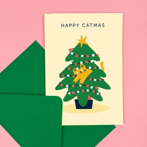 Carte de Noël Happy Catmas - rigolote - Noël - humour - amoureux des chats - arbre - décoration - mignon - animal de compagnie