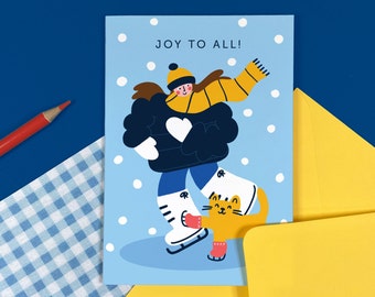 Joy to All Christmas Card - Xmas - Humour - Cute - Cat - Winter - Illustrated - Iceskating - Girl - Snow