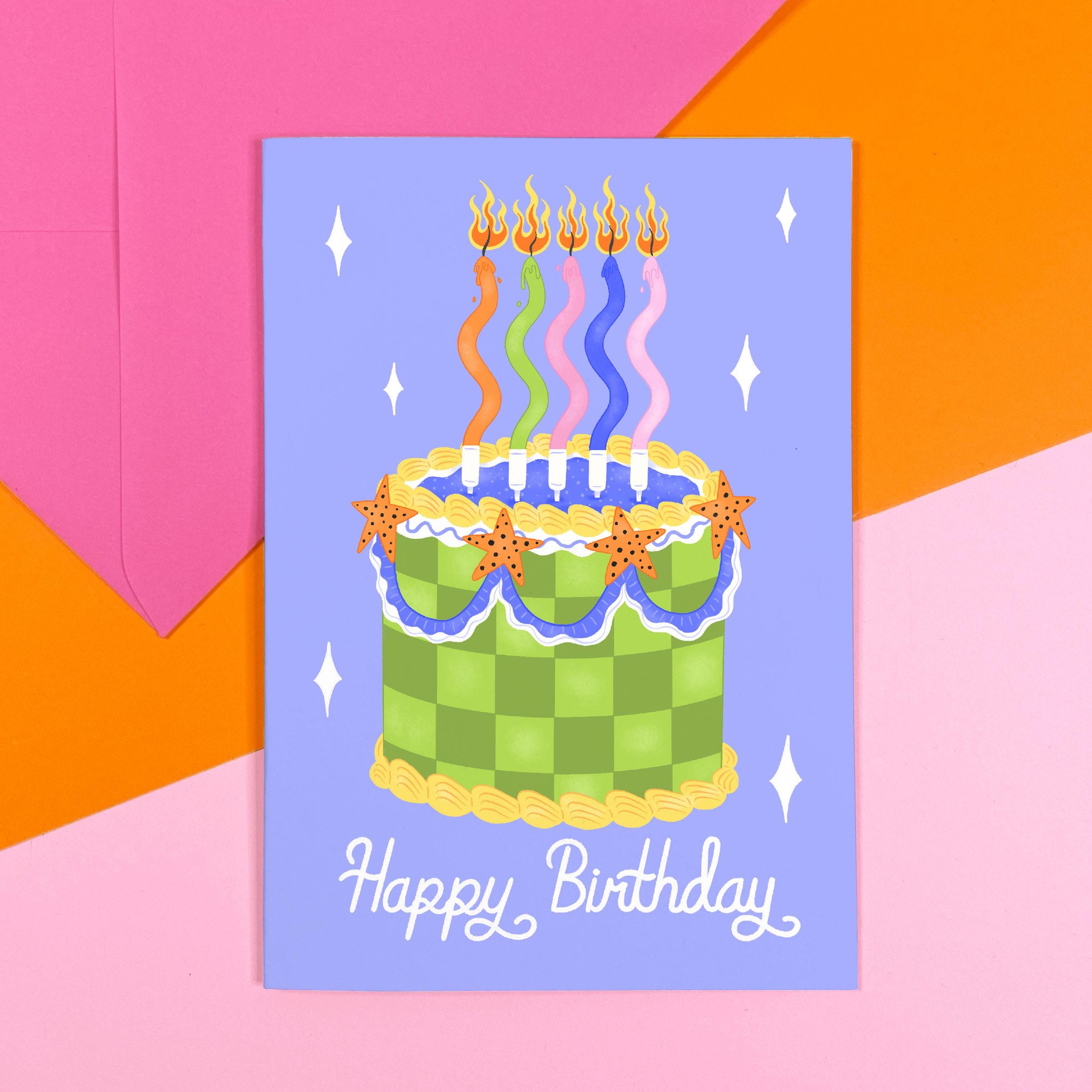 Checkerboard Birthday Cake Card - Happy Birthday - Party - Illustration - Aesthetic - Trendy - Celebration - Candles - Cute