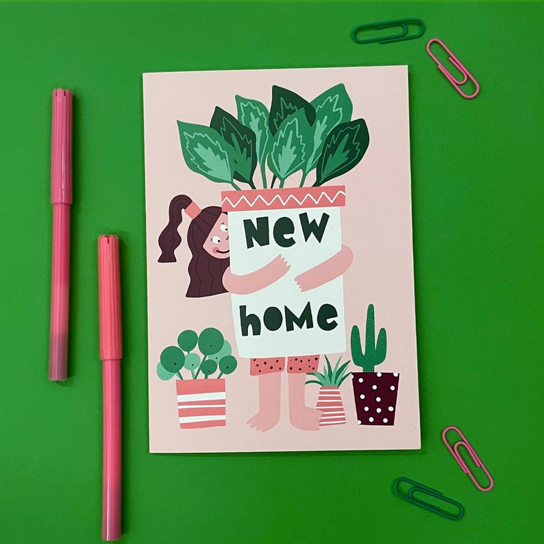 Carte de nouvelles plantes pour la maison - Mignonne - Nouveau lieu - pendaison de crémaillère - Nouveau bloc-notes - Première maison - Félicitations - Illustration - Adulte - Bravo image 1