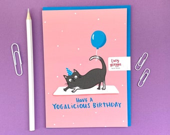 Yoga Cat Birthday Card - Funny - Humour - Kitten - Illustrated - Pilates - Animals - Party - Occasion - Celebration