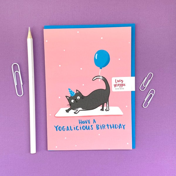 Yoga Cat Birthday Card - Funny - Humour - Kitten - Illustrated - Pilates - Animals - Party - Occasion - Celebration